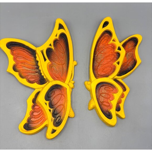 Vtg Statuary Yellow Orange Butterfly Wall Decor Set Of 2 - Picture 1 of 4